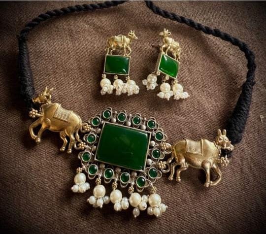 New oxidize German silver brass antique dual ton original choki ston antique choker set with earrings