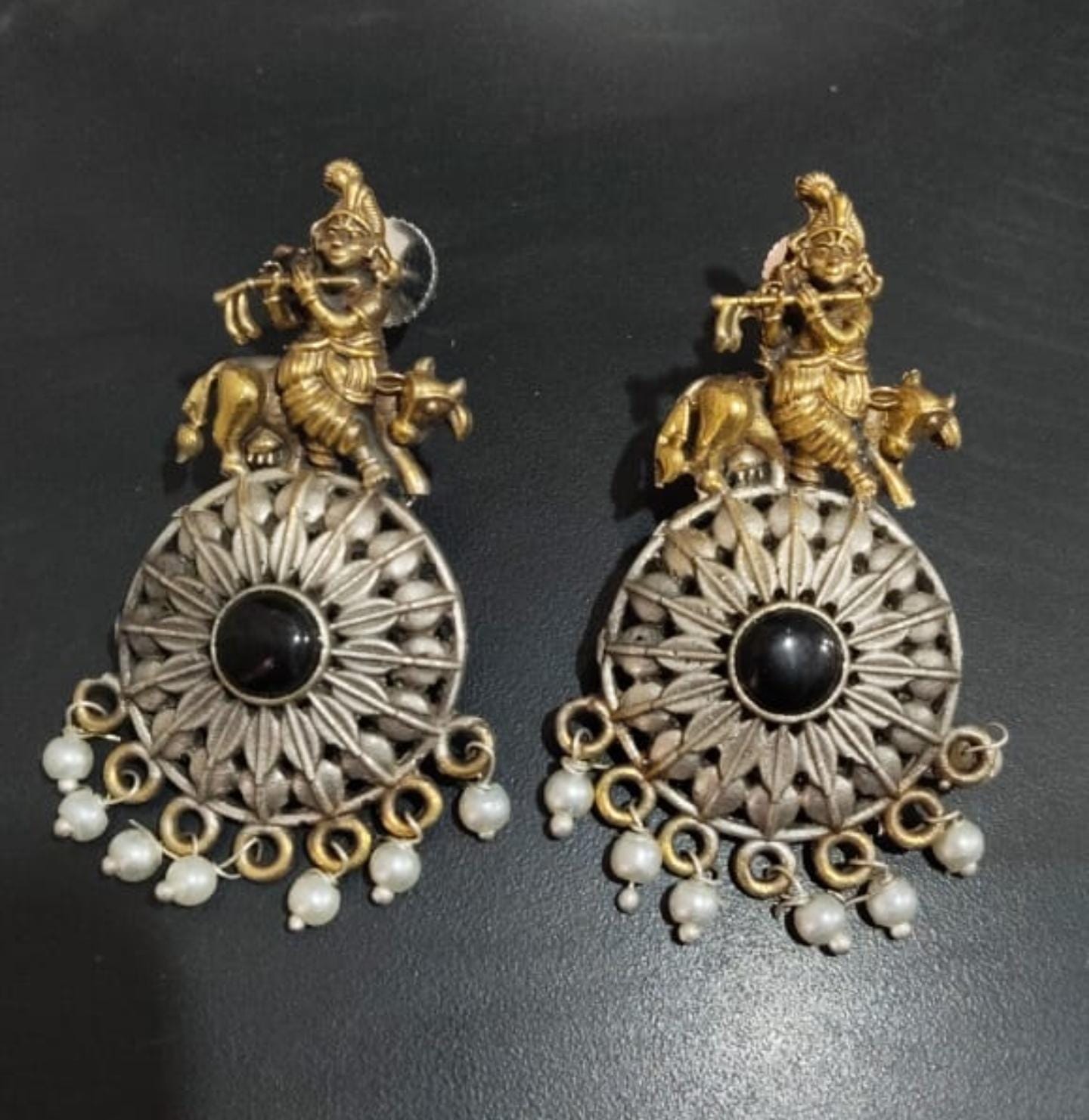 New oxidises german silver brass antiq dual ton original choki ston dabbi kundan antiq  long earrings